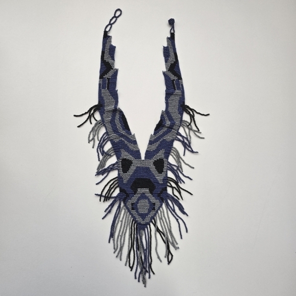 NEW Blue Gray Black Multi Boho Seed Beaded Fringe Statement Necklace - Picture 4 of 10